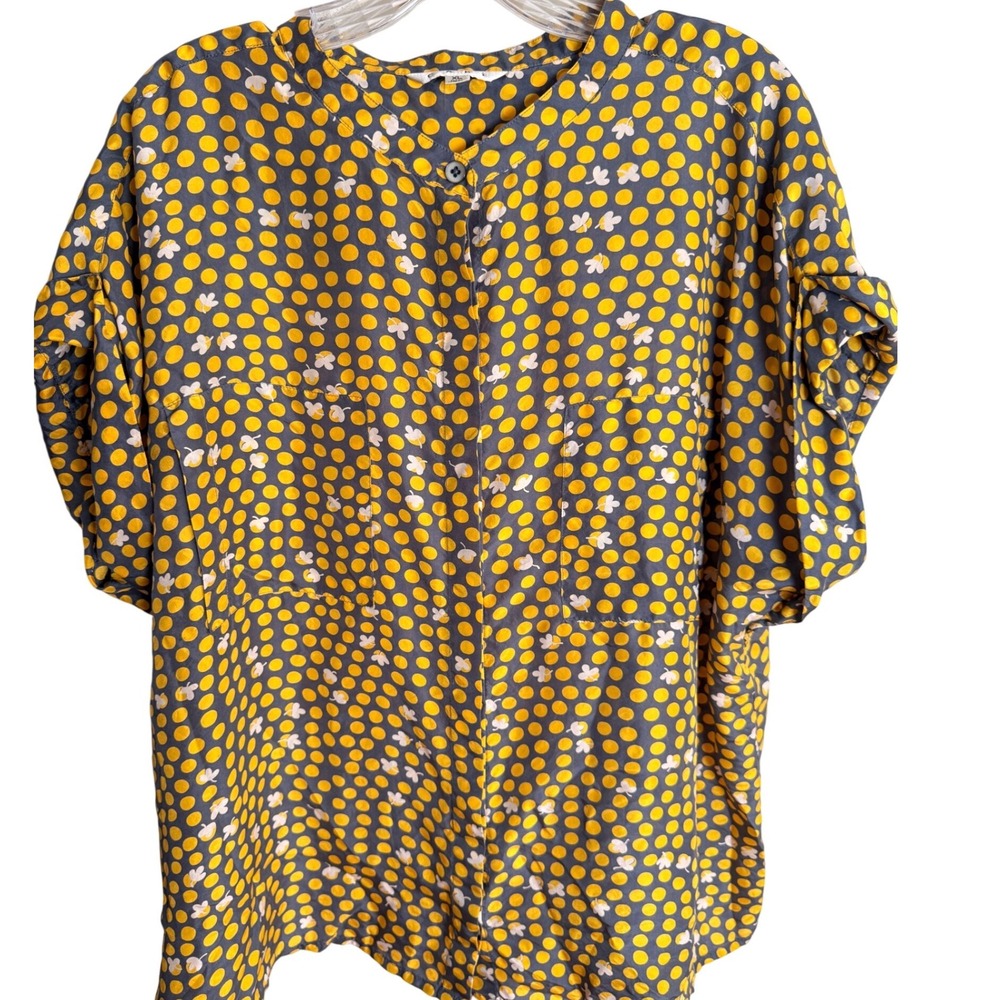 Cabi Silk Polka Dot Floral Blouse Women XL Grey Yellow Short Sleeve 183